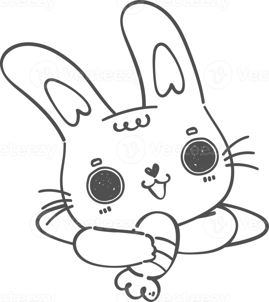 cute happy smile bunny rabbit kawaii animal in hole with carrot cartoon doodle outline png