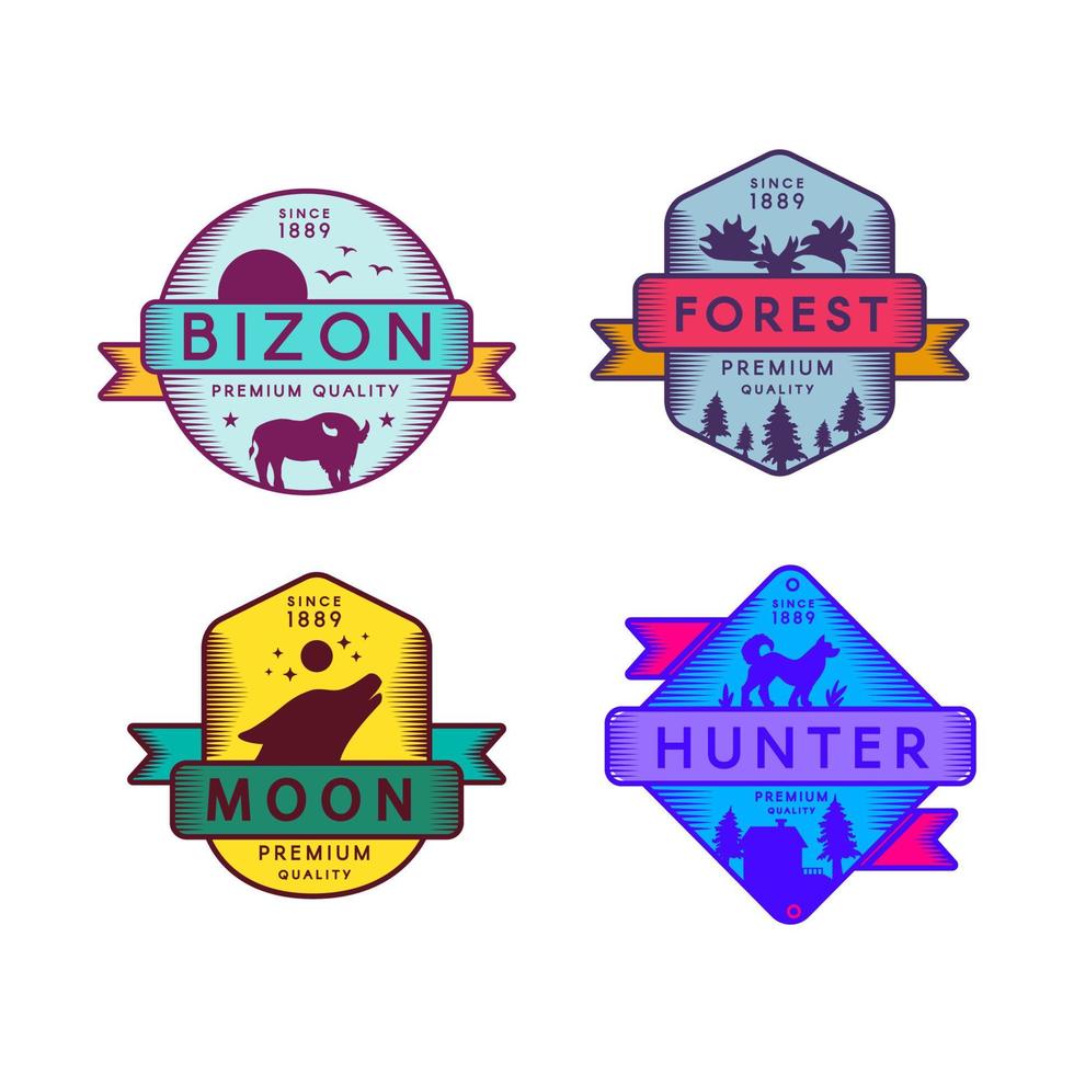 Wild Bizon and Hunter, Moon and Forest Set Logo vector