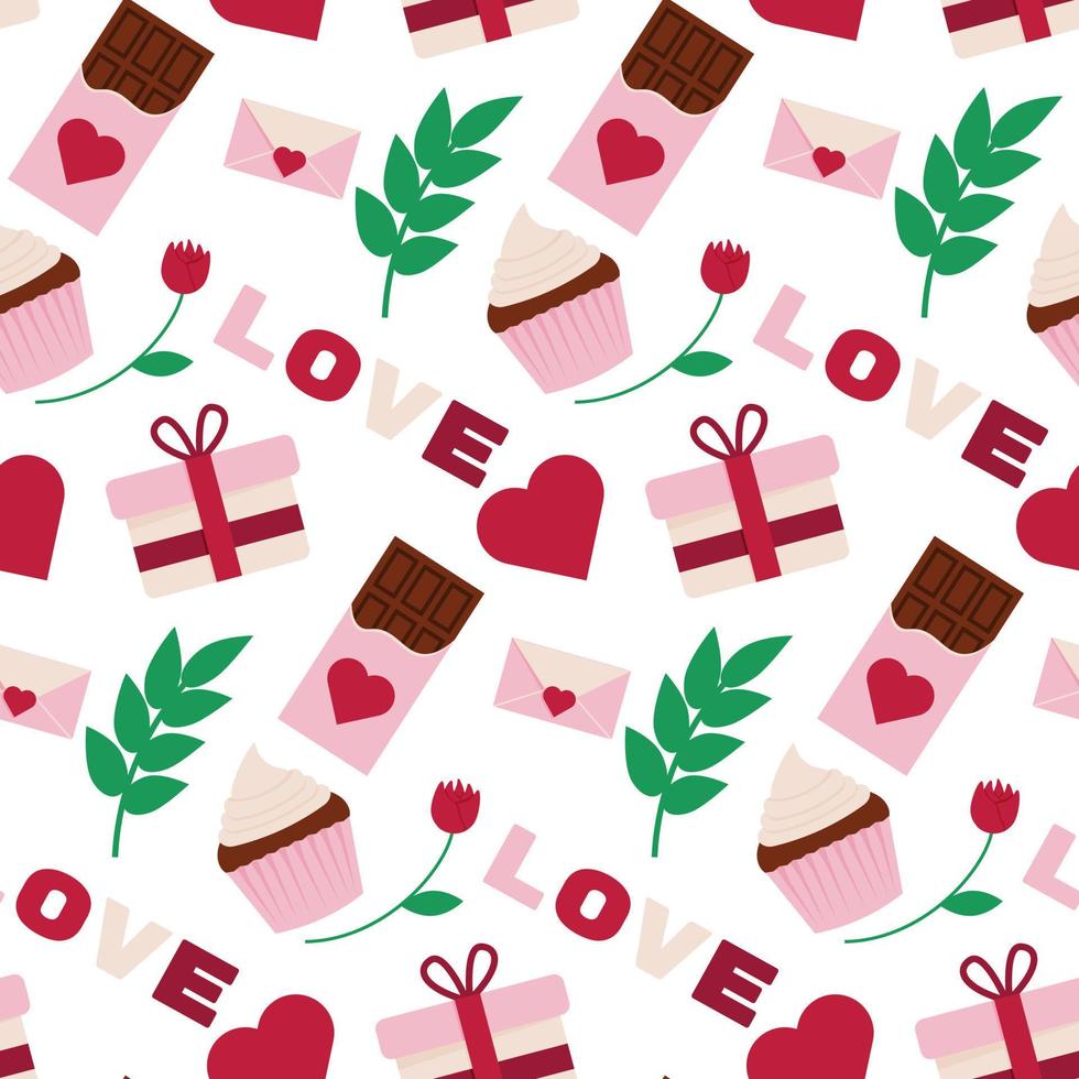 Valentine's Day pattern. Design with sweets, flowers, and hearts for February 14 vector