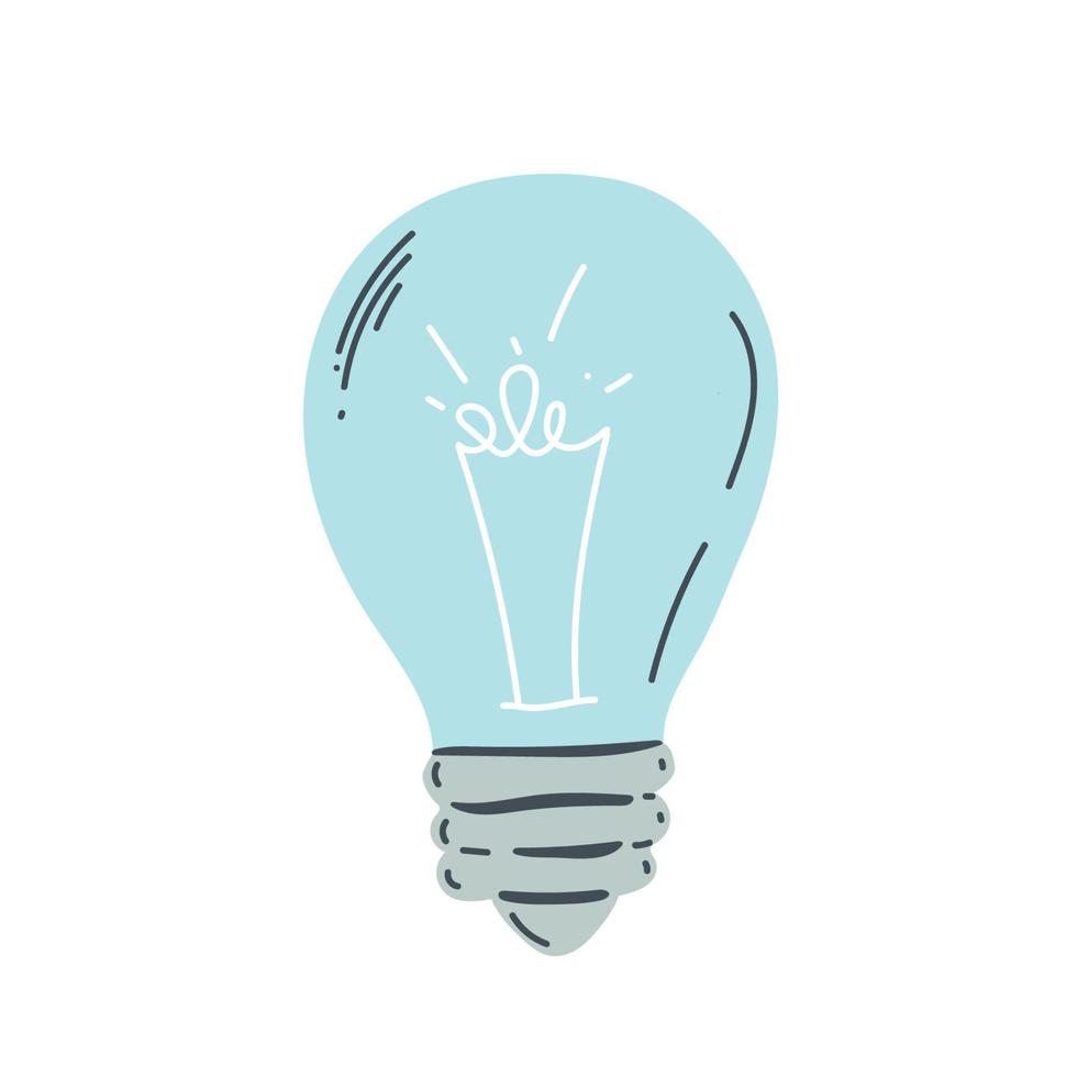 Light bulb with rays shine. Cartoon style. Flat style. Hand drawn style. Doodle style. Symbol of creativity, innovation, inspiration, invention and idea. Vector illustration.