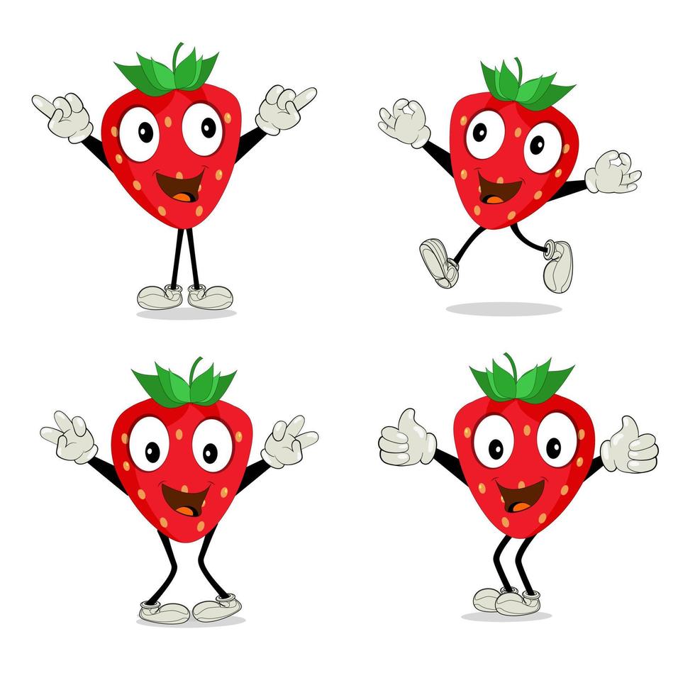 personaje de mascota de dibujos animados de frutas de fresa. icono de fresa. lindo juego de caracteres vectoriales de frutas aislado en el fondo blanco. vector