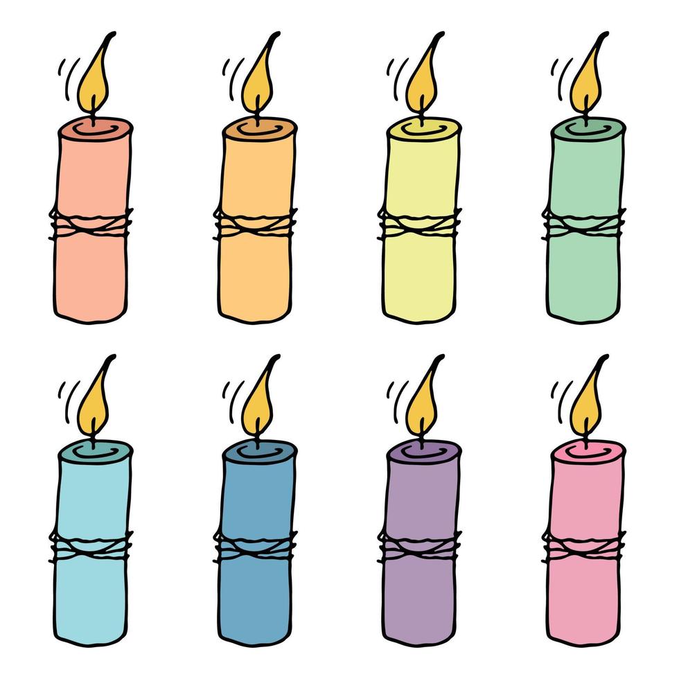 Burning birthday candle set. Single doodle illustration. Hand drawn clipart for card, logo, design vector