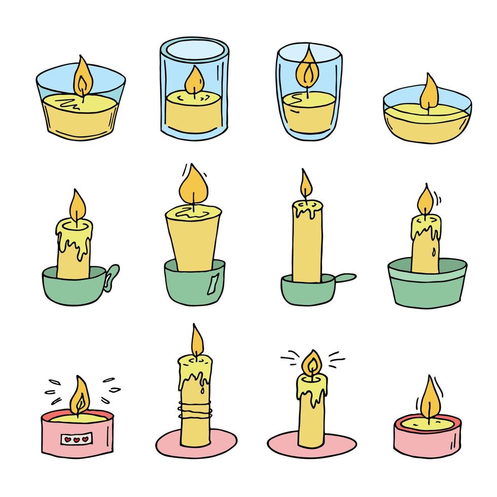 Burning candle set. Doodle illustration. Hand drawn clipart for card, logo, design vector