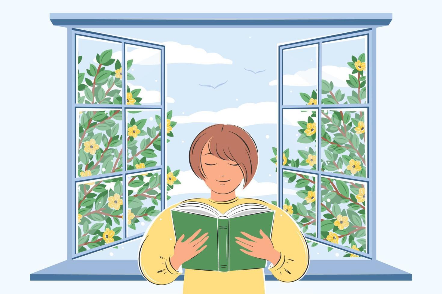 mujer leyendo un libro y sentada en la ventana de primavera. ilustración de vector de primavera para librería, biblioteca, librería o educación.