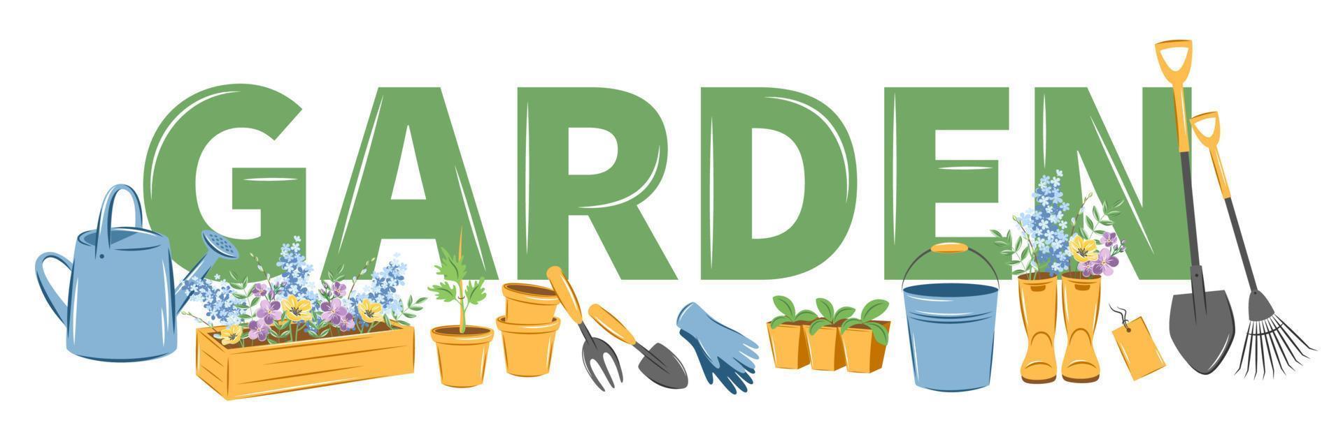 pancarta de jardín con letras tipográficas. juego de herramientas de jardín de primavera. ilustración vectorial vector
