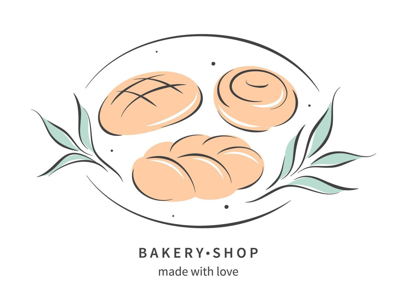 logotipo de la panadería con productos de panadería y pan dibujados a mano. ilustración vectorial para pancarta, afiche, etiqueta o menú. vector