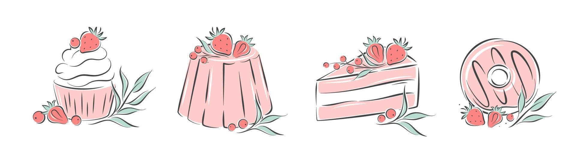 colección de postres con diferentes ingredientes. conjunto de pasteles dulces, cupcakes y donuts. ilustración vectorial aislado sobre fondo blanco vector