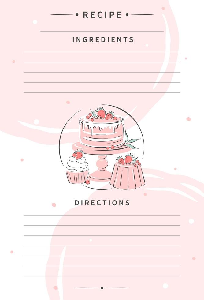 Recipe card template for cooking notes. Clean pages of the cookbook are decorated cake with berries. Vector illustration.