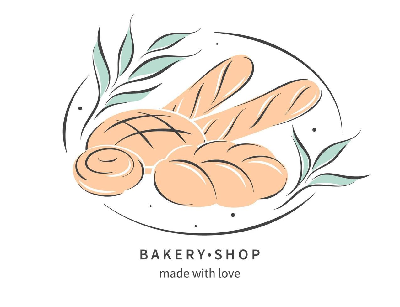 Bakery shop logo with hand drawn bakery products, baguette and bread. Vector illustration for banner, poster, label or menu.