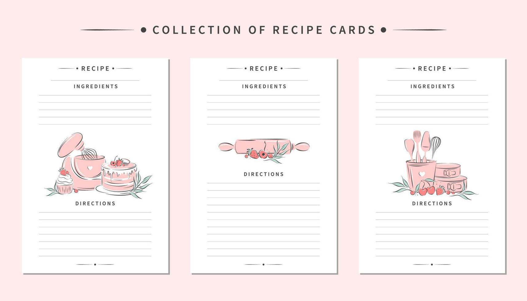 Collection of recipe card templates. Clean pages of the cookbook are decorated mixer,  kitchen tools and dessert. Vector illustration.