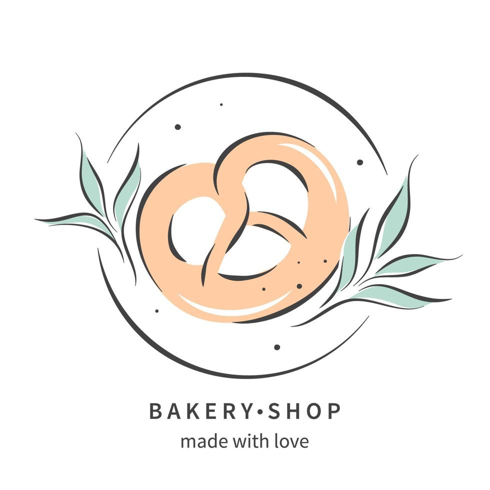 logotipo de la panadería con pretzel dibujado a mano, productos de pan. ilustración vectorial para cartel, etiqueta o menú. vector