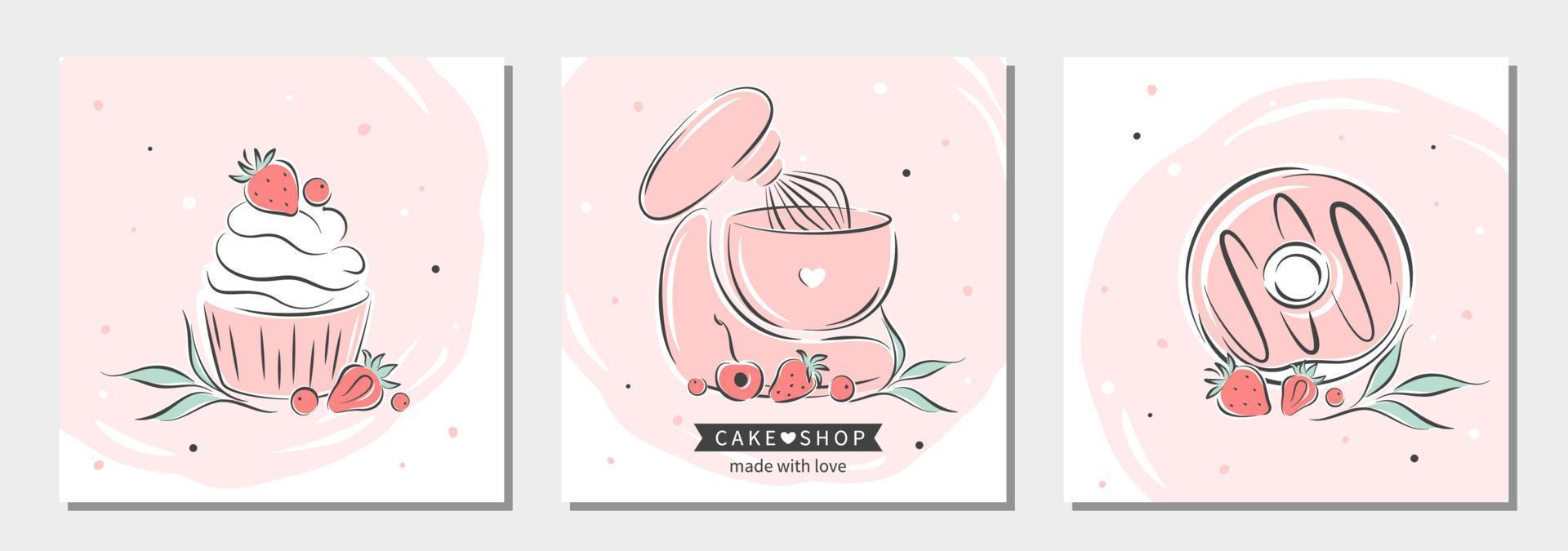 Set of design for pastry and bread shop. Cake shop logo. Planetary stationary dough mixer, cupcake, donut and berries. Vector illustration
