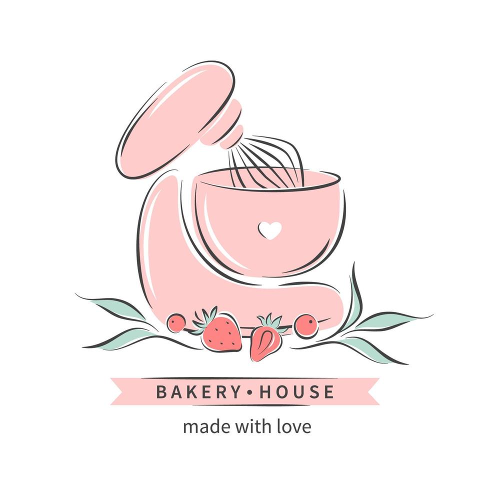 Bakery house. Set of tools for making cakes, cookies and pastries. Logo for confectionery or bakery. Vector illustration for menu, recipe book, baking shop, cafe.