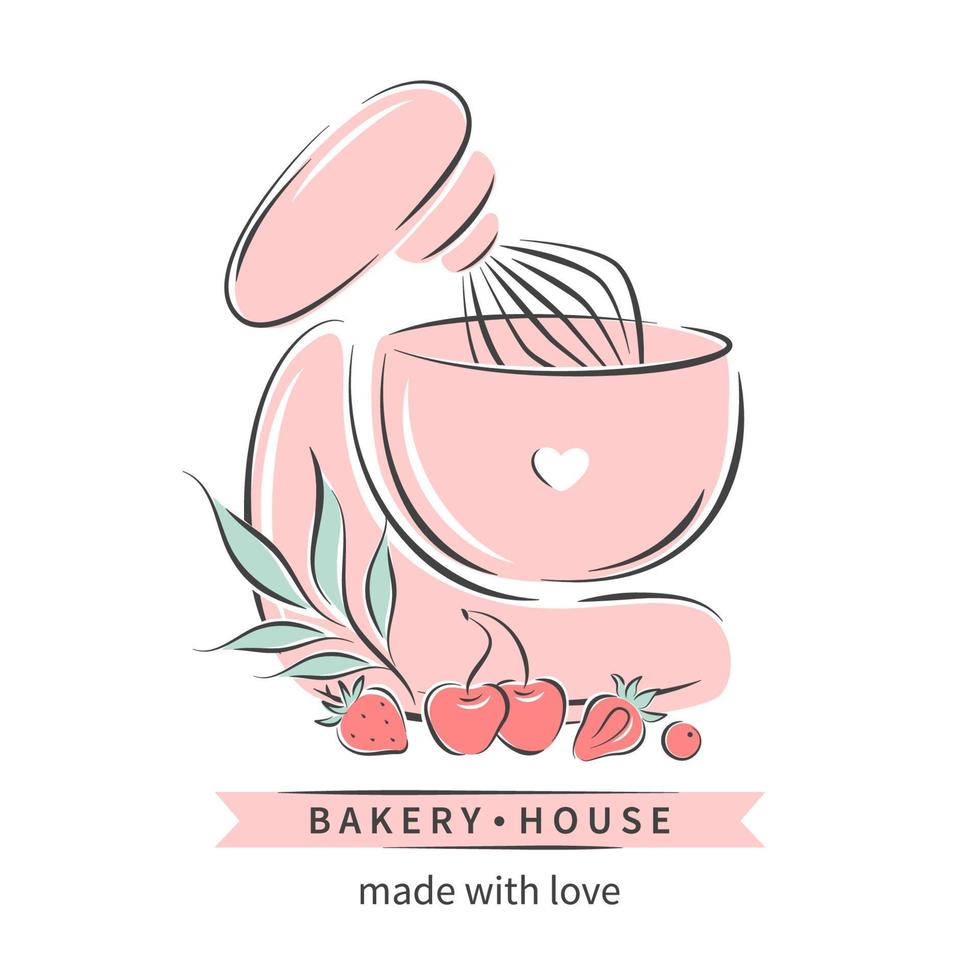 Bakery house. Cake shop logo. Planetary stationary dough mixer and different berries. Vector illustration on white background