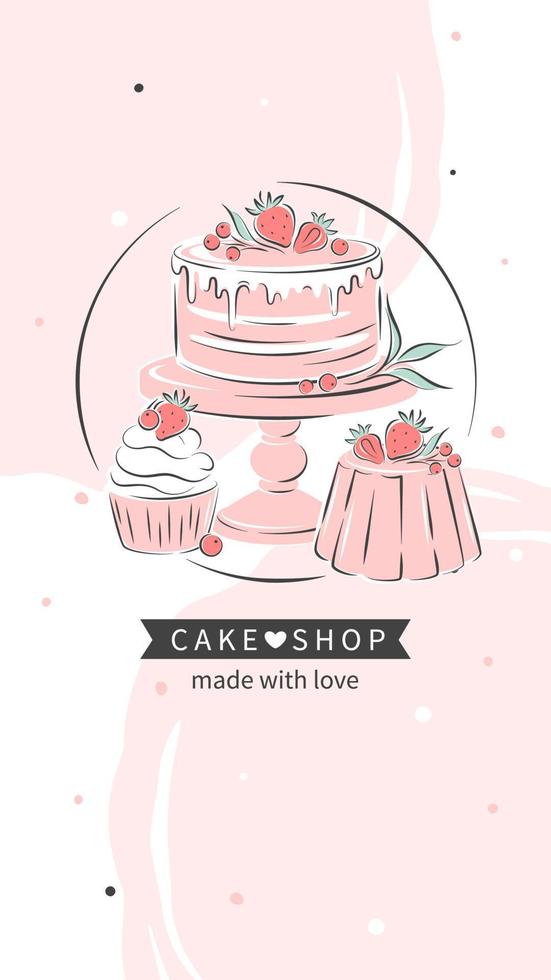 Pastry and cake shop logo. Cake, cupcake and berries. Vector illustration  for menu, recipe book, baking shop.