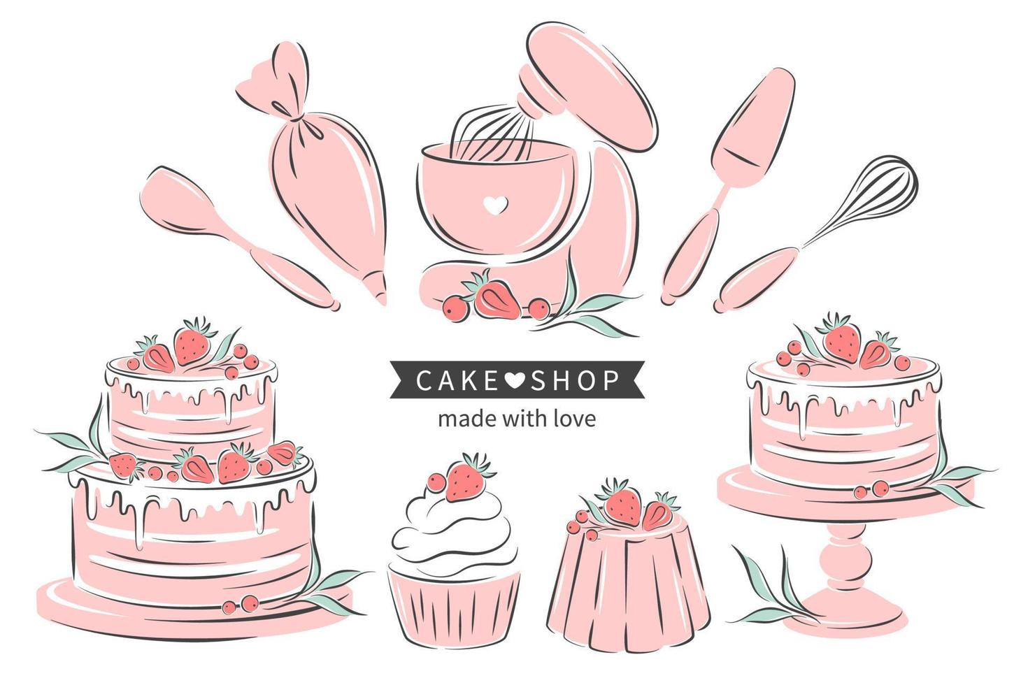 Cake shop. Set tools for cooking, baking items  dessert and pastry dishes whisk, cutlery, spatulas, mixer. Different cakes. Vector illustration