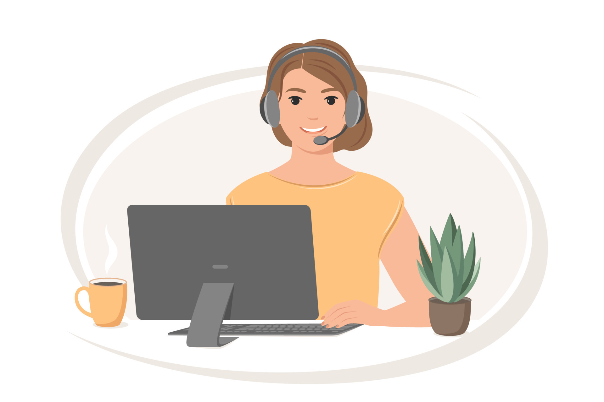 Customer support, call center. Woman with headphones and microphone