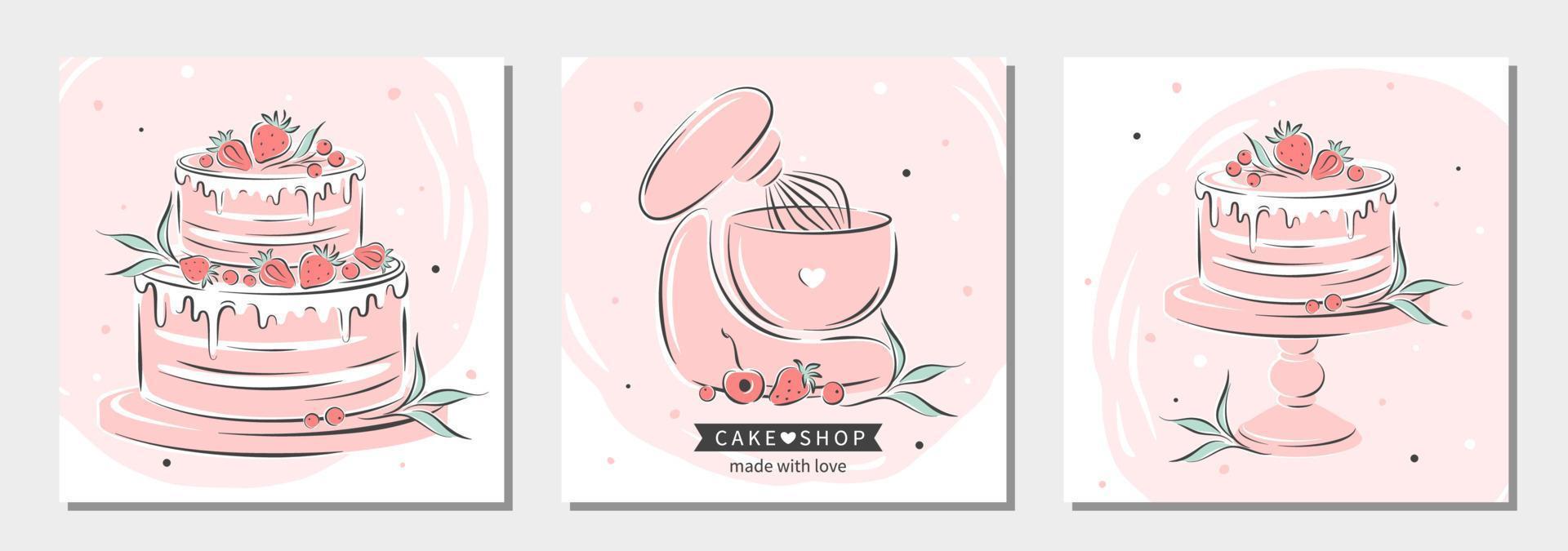 Set of design for pastry and bread shop. Cake shop logo. Planetary stationary dough mixer, cakes and berries. Vector illustration