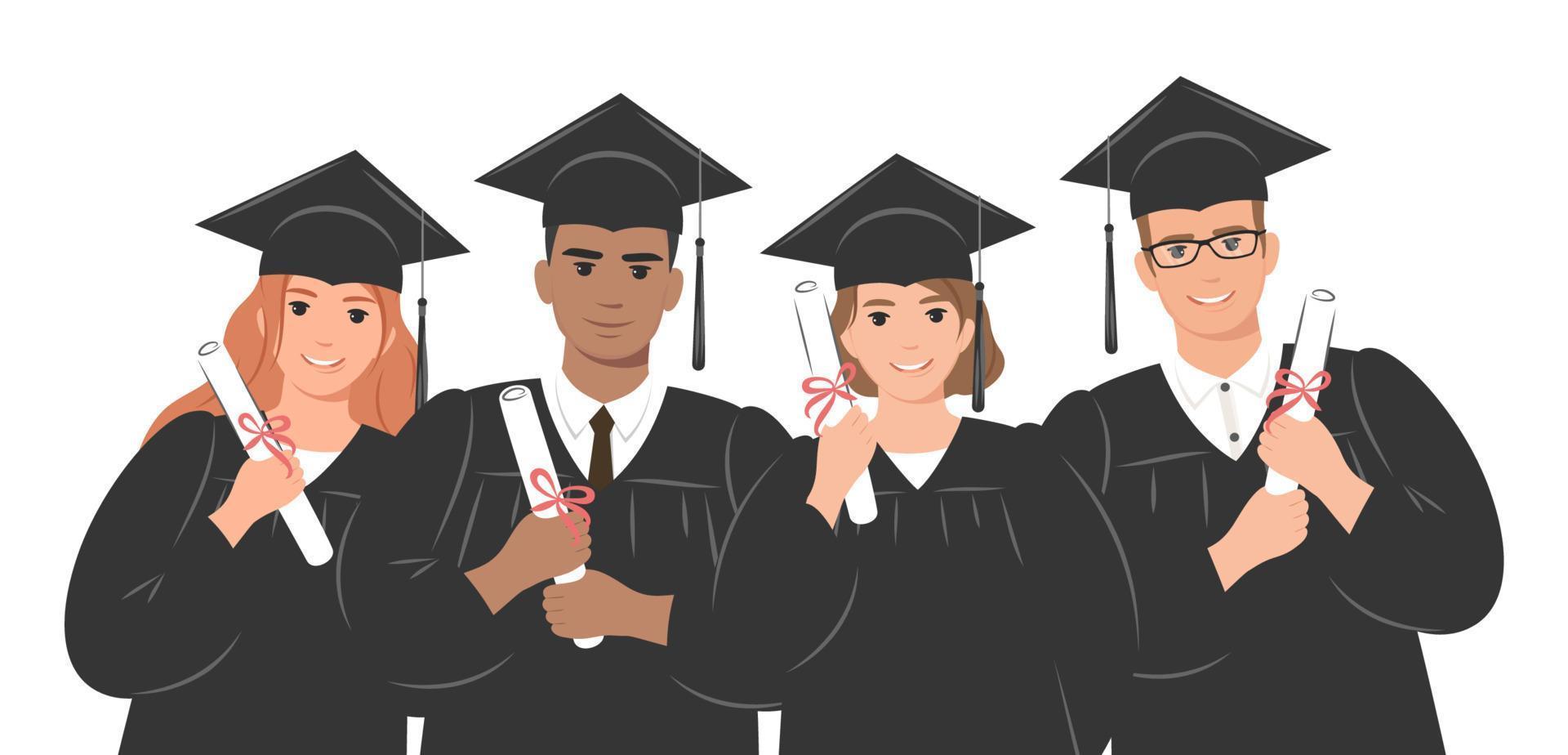 Group of happy graduates wearing an academic gown or robe and a graduation cap and holding a diploma. Girls and boys celebrate their university or college graduation. Flat vector illustration