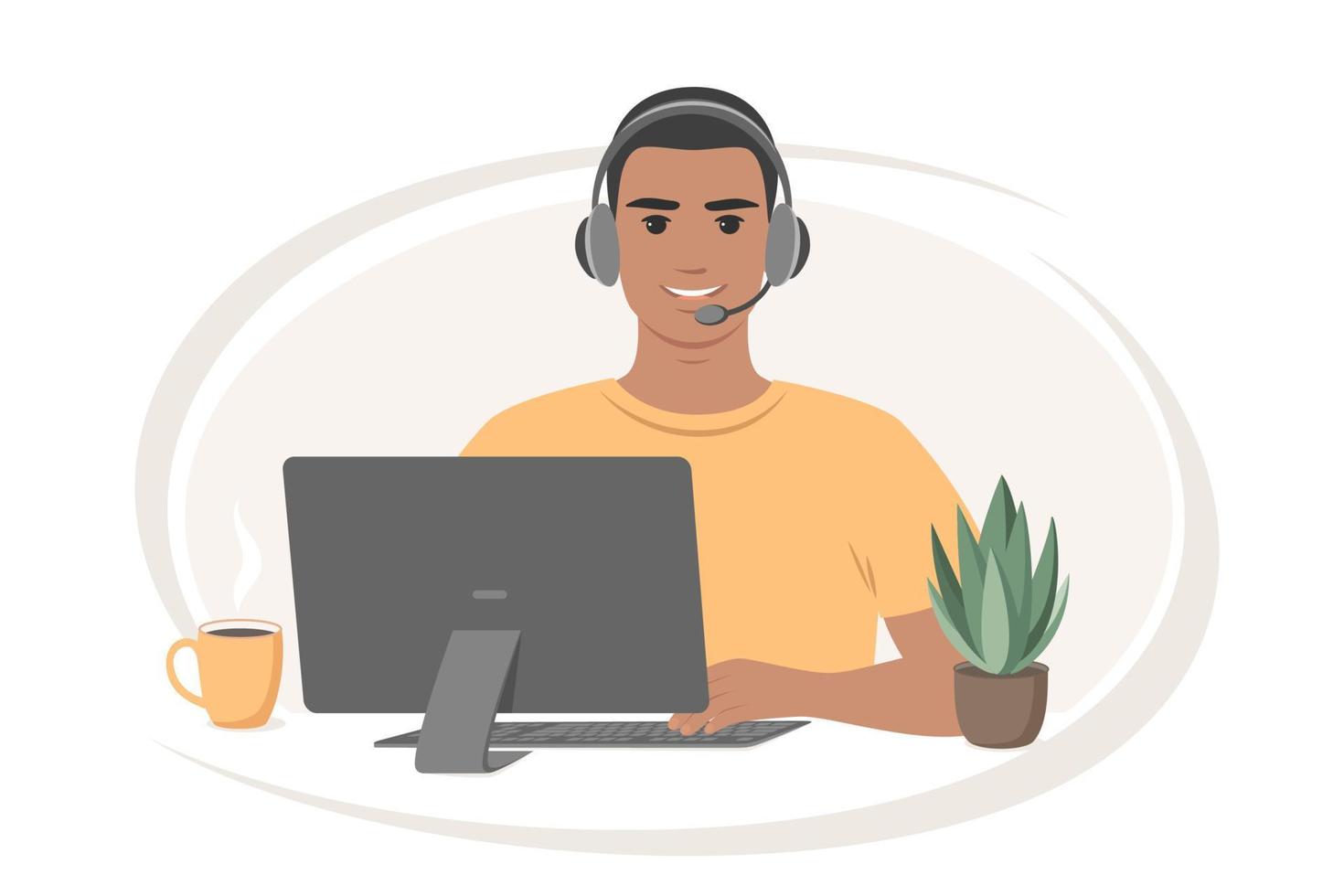 Man with dark skin with headphones and microphone with laptop. Customer service, support, call center. Vector illustration