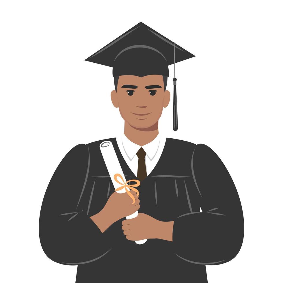 Happy afro graduate student with a diploma in graduation cap and robe . Young man who graduated from studies. Flat vector illustration on white background.