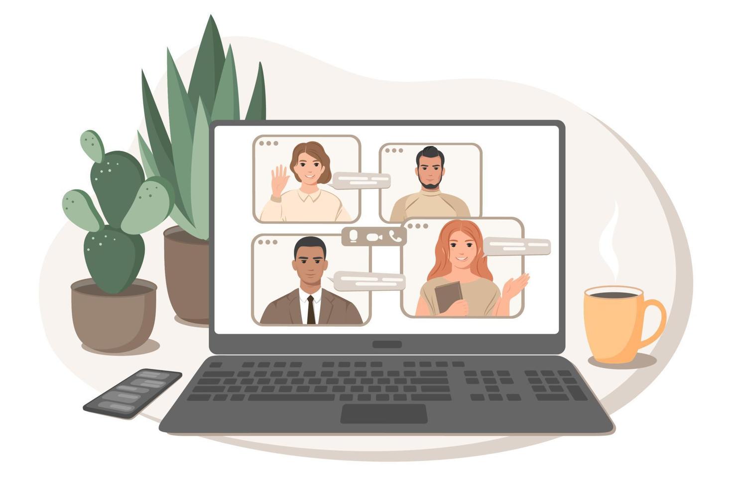 Online meeting via video conference. Group of people talking by internet, web chatting. Vector illustration