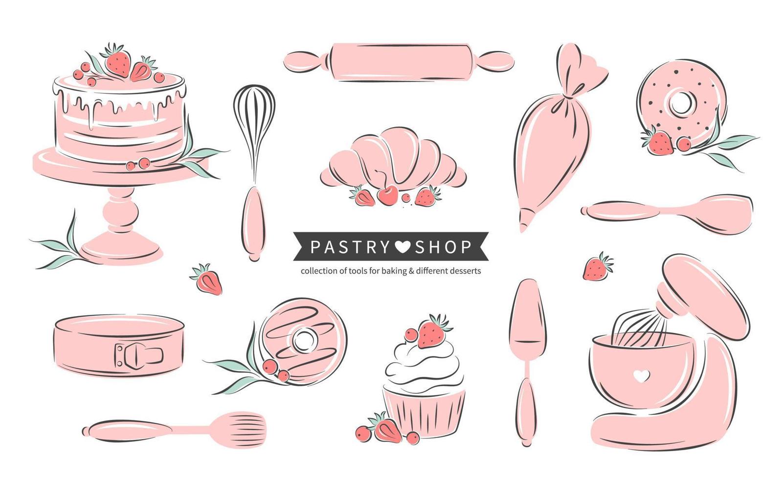 Big set kitchen tools, different desserts, pastry dishes, ingredients for baking items. Whisk, cutlery, spatulas, mixer, cake, croissant, donut and berry. Vector illustration