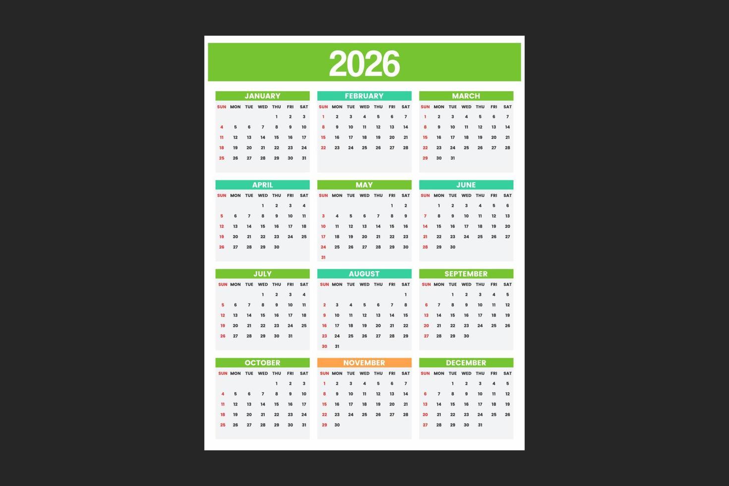 calender template for 2026 vector