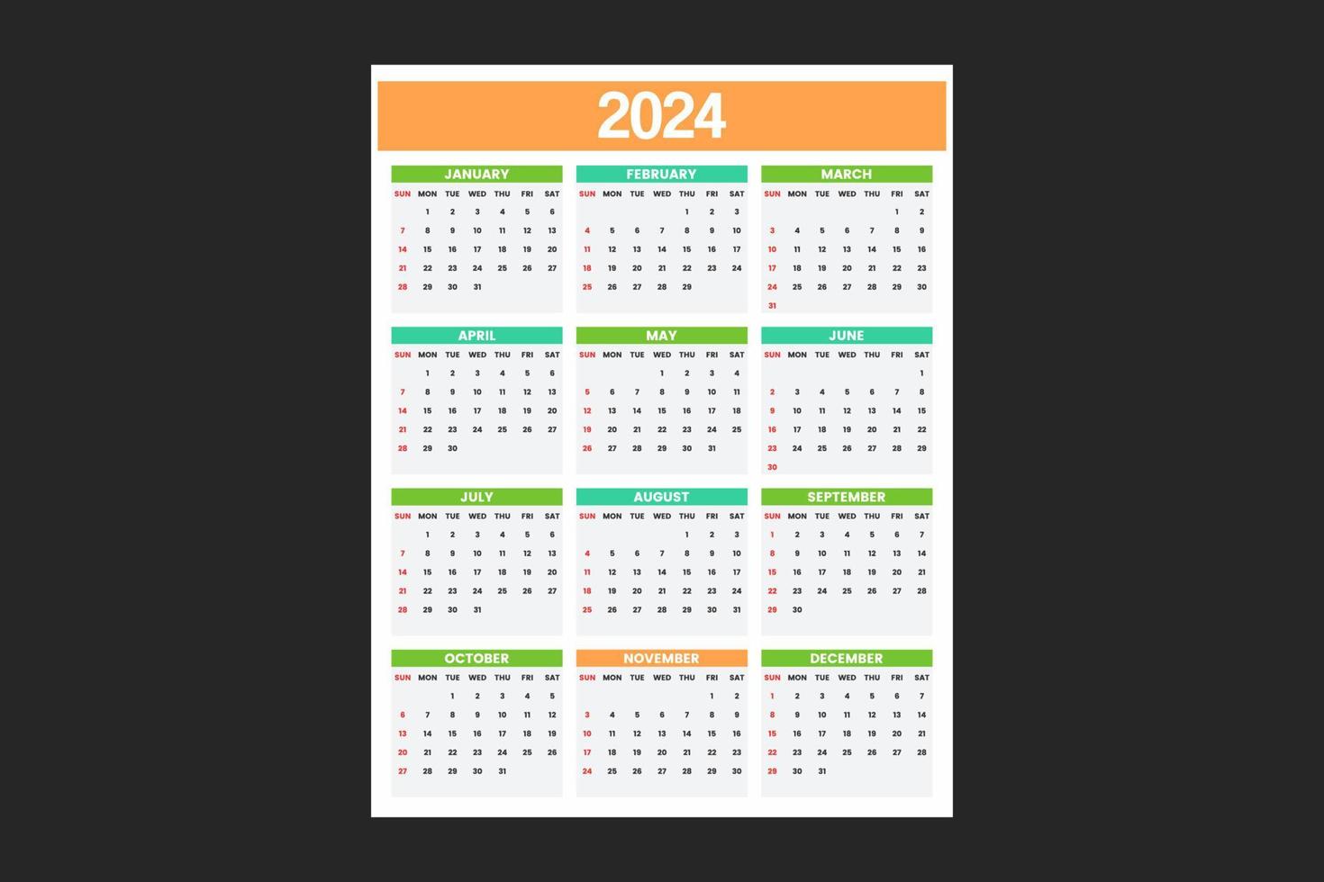 calender template for 2024 vector