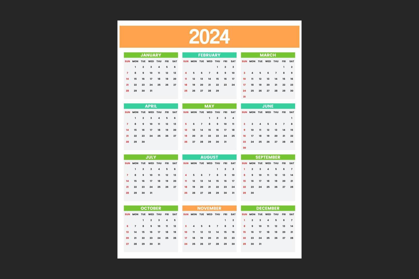 calender template for 2024 vector