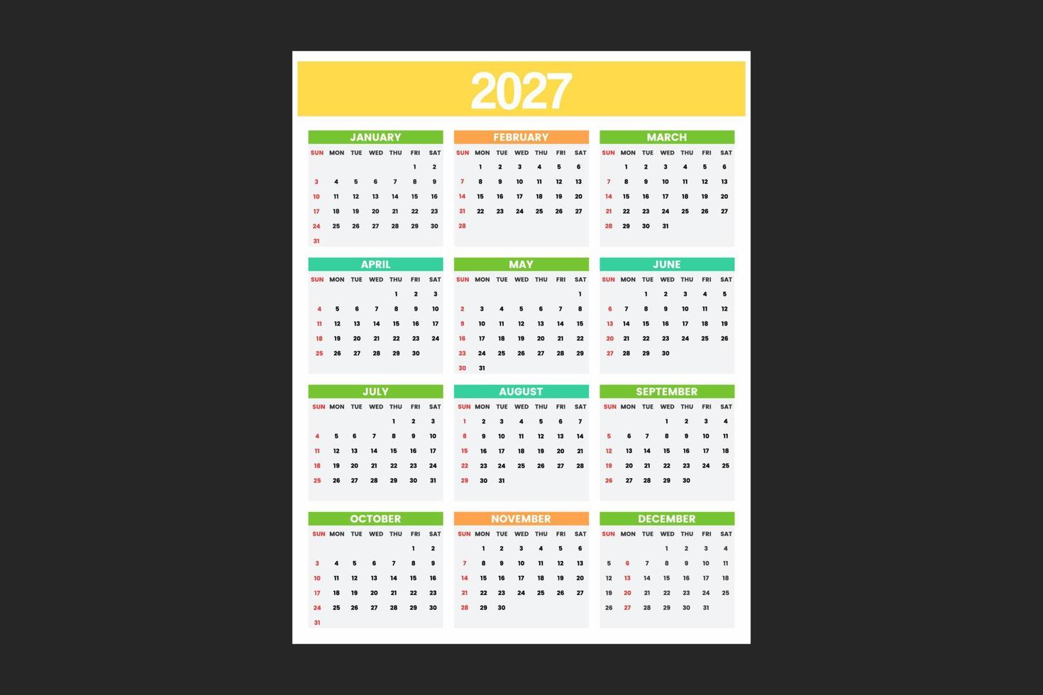 calender template for 2027 vector