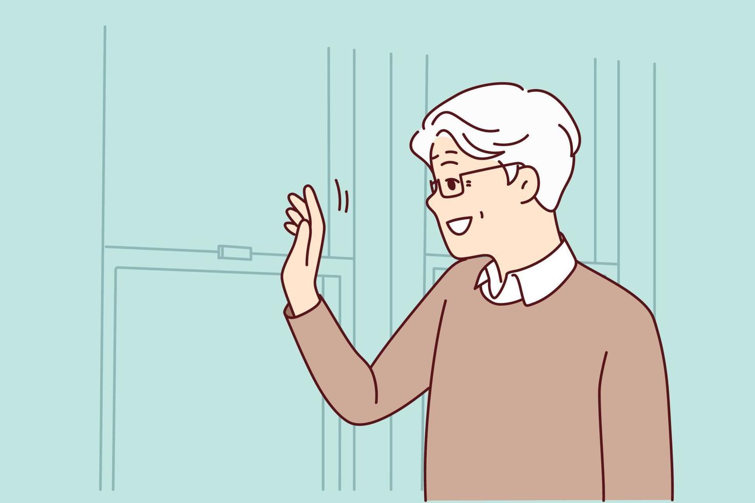 Smiling mature man look in mirror waving. Happy elderly grandfather greeting with someone from indoors. Vector illustration.