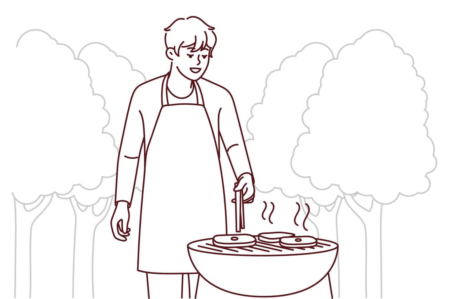 Smiling man in apron making meat on grill in park. Happy guy have fun cooking barbecue outdoors. Weekend and relaxation. Vector illustration.