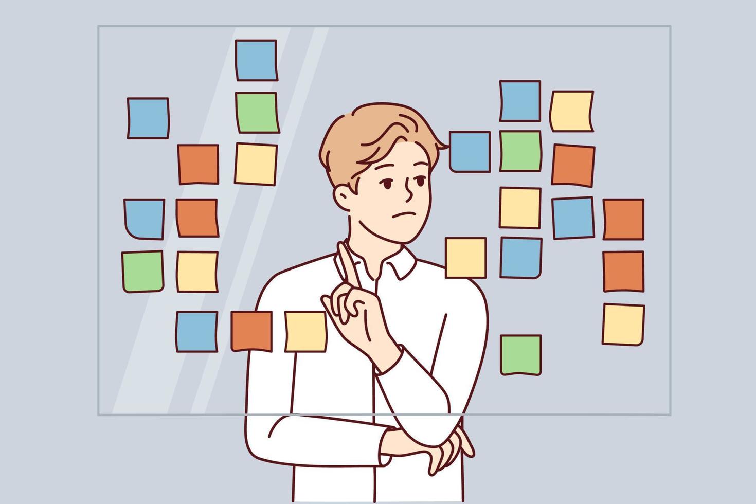 Businessman stand near board brainstorm work with sticky notes. Male employee engaged in creative thinking in office. Vector illustration.