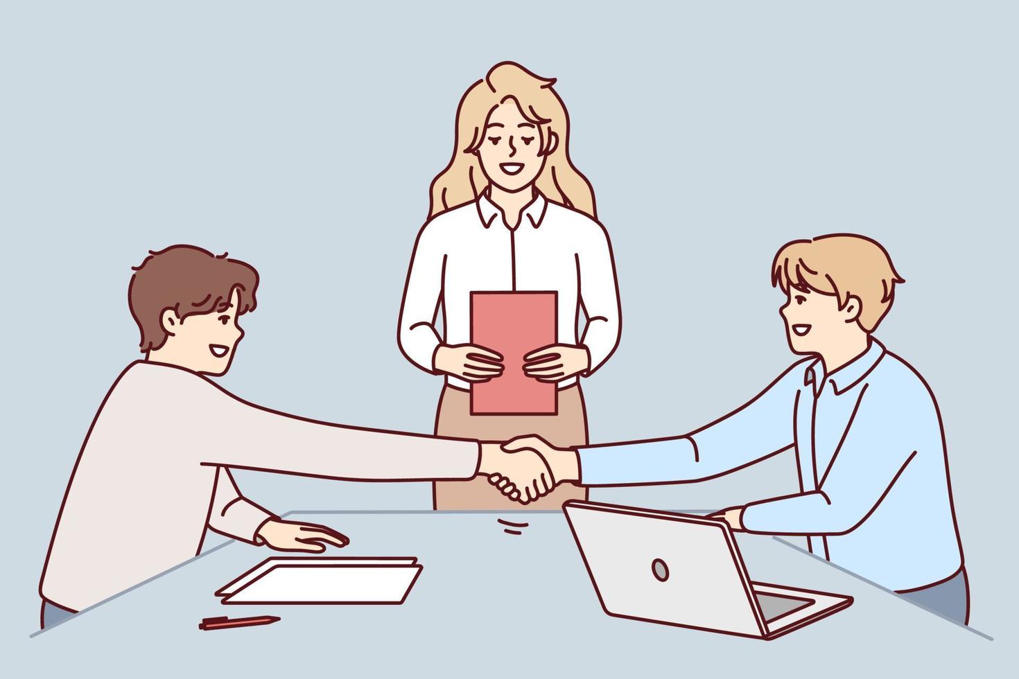 People handshake close deal at office meeting. Smiling businessmen shake hands make agreement at briefing. Employment and partnership. Vector illustration.
