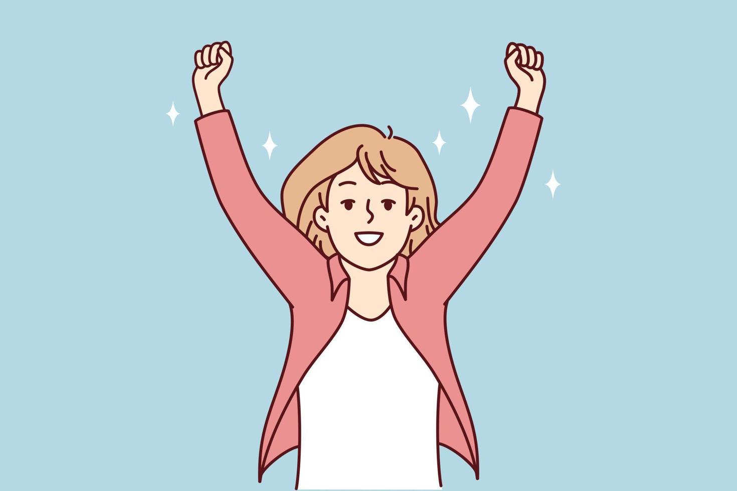 Smiling woman raise hands celebrate success or promotion. Happy female feel euphoric with win or victory. Vector illustration.