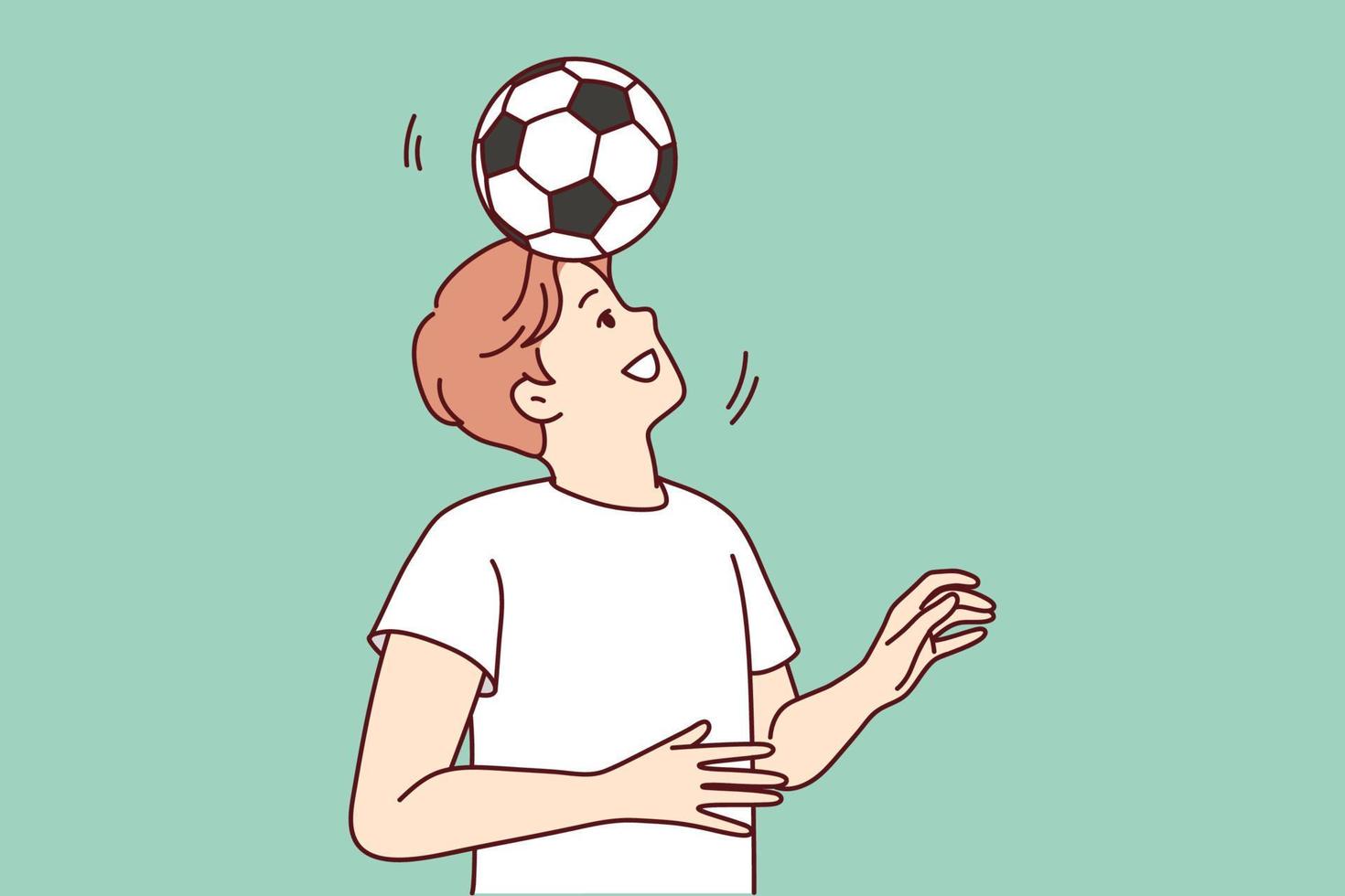 Happy young man playing football outdoors. Smiling guy with ball on head have fun enjoy sport activity. Vector illustration.