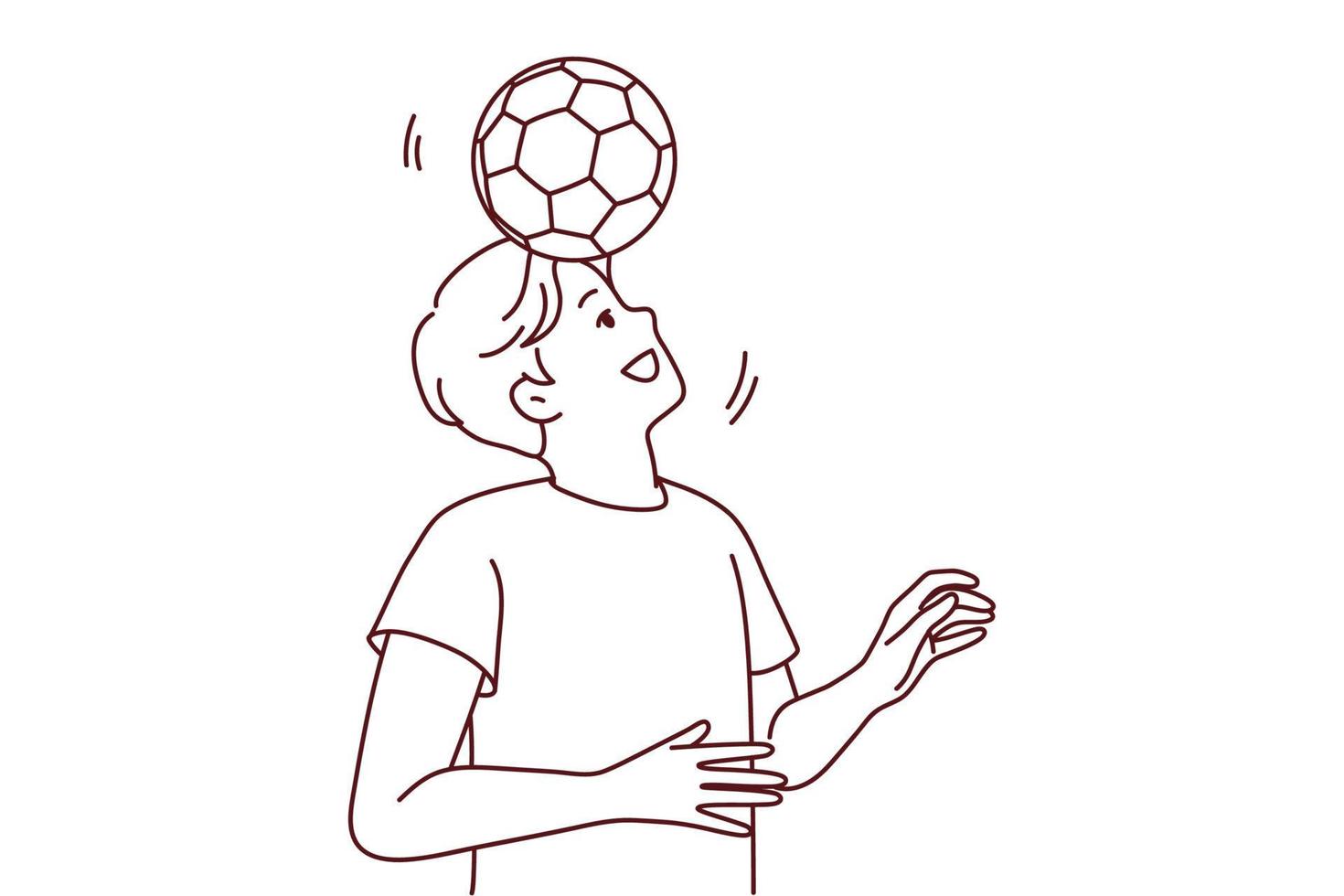 Happy young man playing football outdoors. Smiling guy with ball on head have fun enjoy sport activity. Vector illustration.
