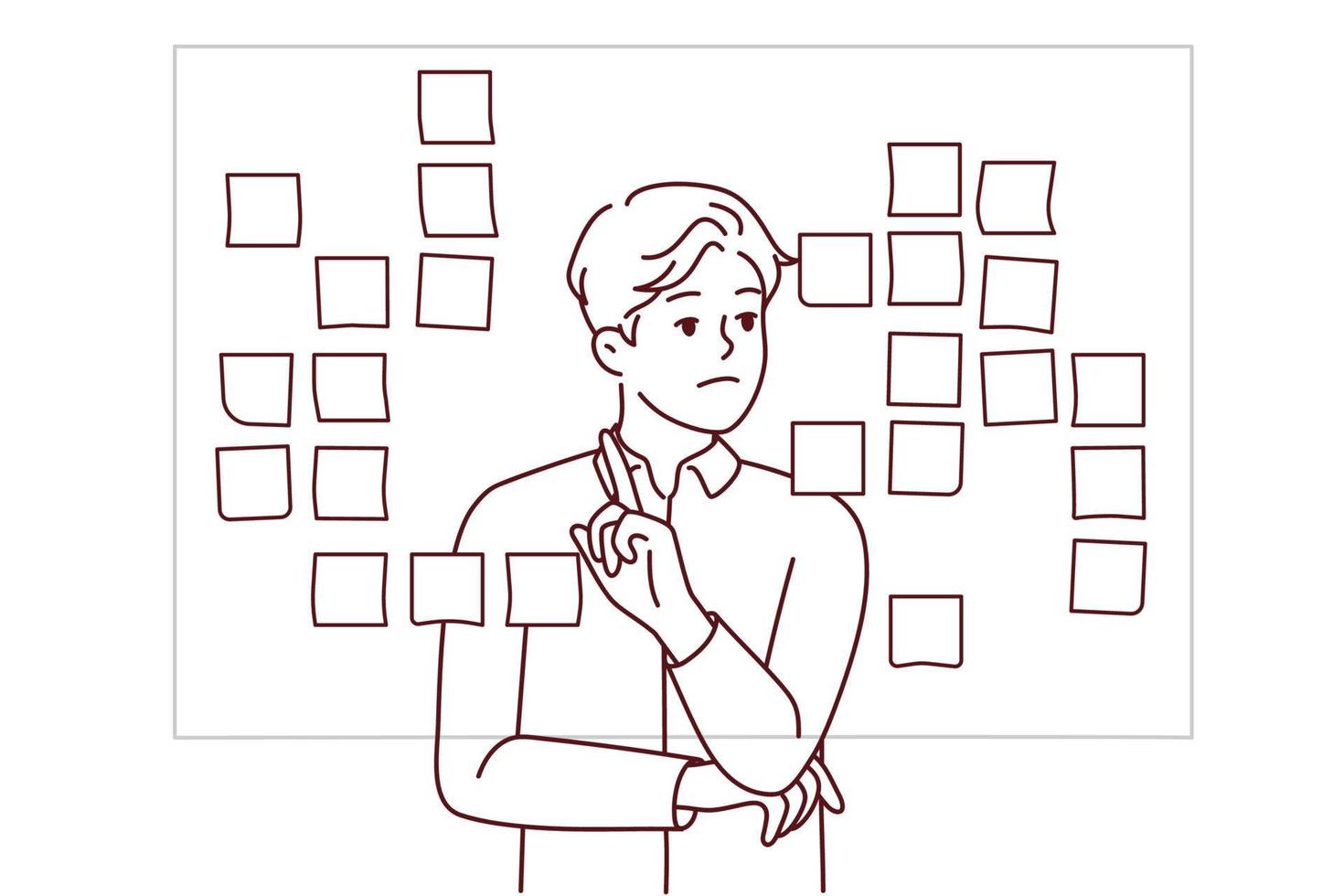 Businessman stand near board brainstorm work with sticky notes. Male employee engaged in creative thinking in office. Vector illustration.