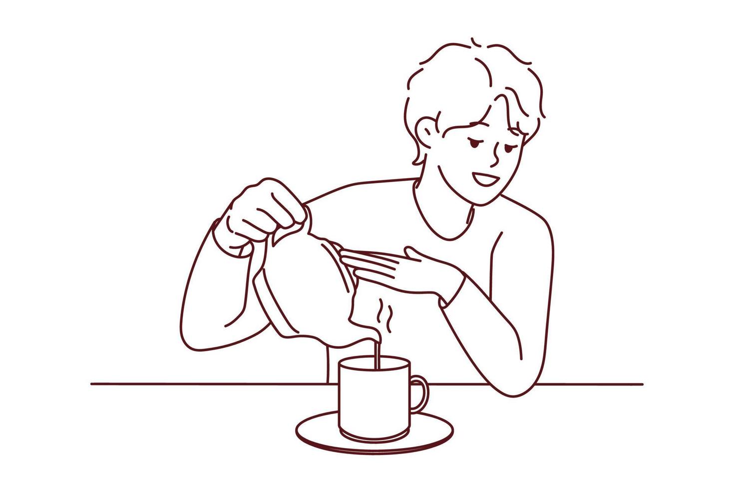 el joven se sienta en el escritorio sirviendo té en una taza de la tetera. un tipo sonriente disfruta de un café caliente en una taza en casa. ilustración vectorial vector