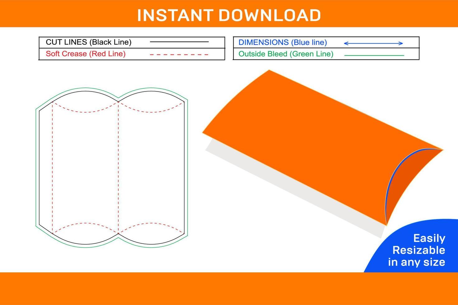 Main file Pillow box or candy box ,gift box dieline template and 3D box design editable easily Resizeable Box dieline and 3D box vector