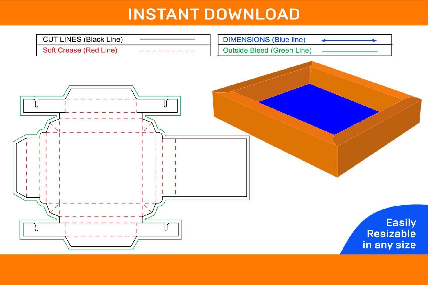 Double wall tray box dieline template, tray box 3D design and editable easily resizeable Box dieline and 3D box vector