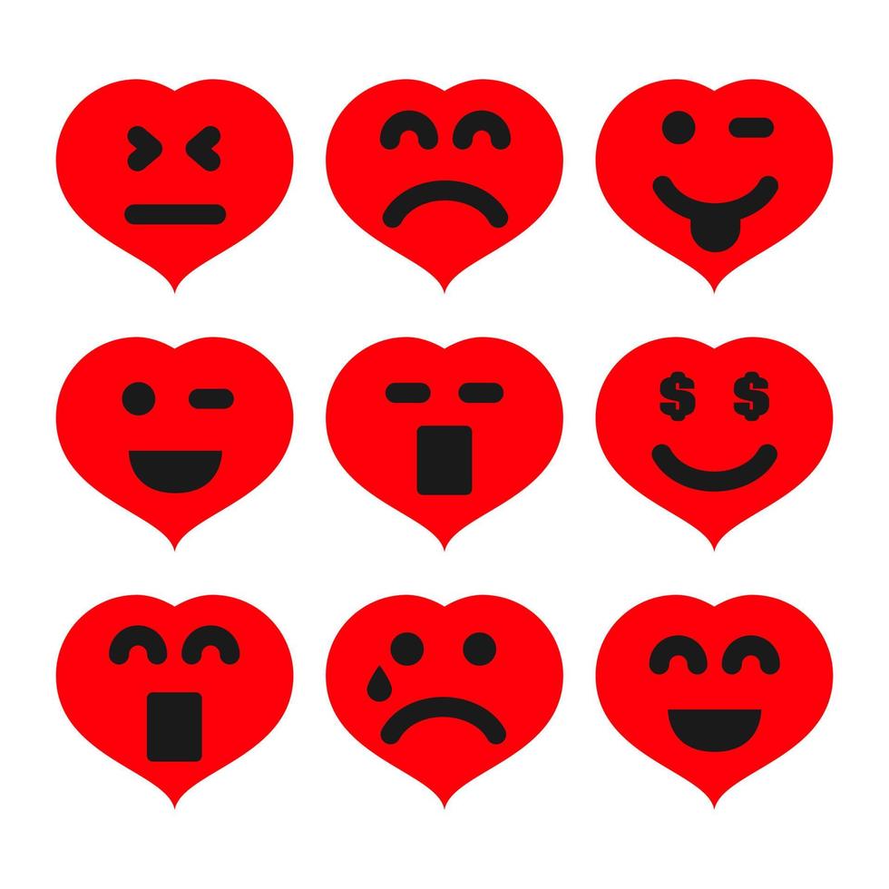 conjunto de nueve corazones de dibujos animados con emociones. ícono emoji en símbolos de amor. ilustración vectorial vector