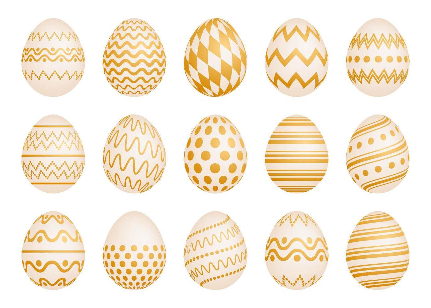 Set of Fifteen Easter eggs with gold texture on a white background. Vector illustration