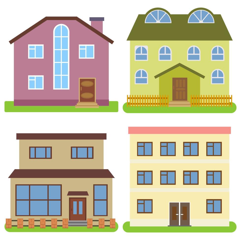 Set of four private houses on a white background. Vector illustration.