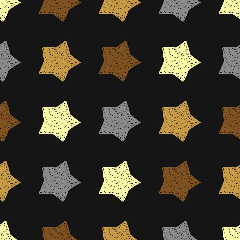 Seamless background of doodle stars. Yellow and gret hand drawn stars on black background. Vector illustration