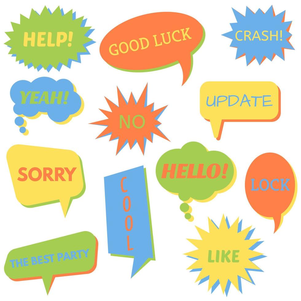 Set of speech bubbles on a white background with different inscriptions in the middle. Speech bubbles with short phrases. Vector illustration.