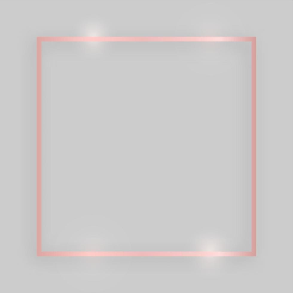 Shiny frame with glowing effects. Rose gold square frame with shadow on grey background. Vector illustration
