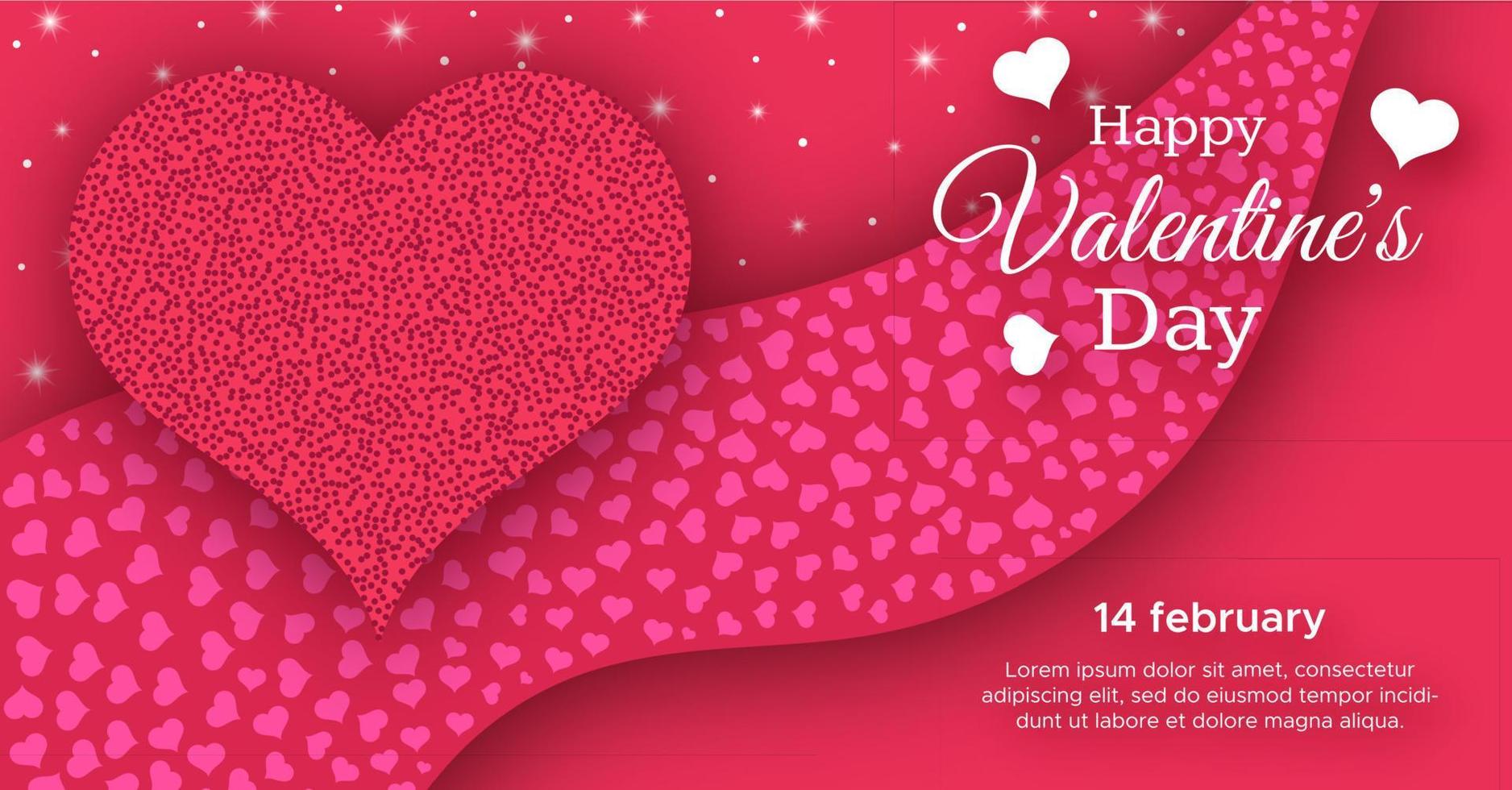 Happy Valentines Day Background. Red greeting horizontal banner with text and hearts. Vector illustration.