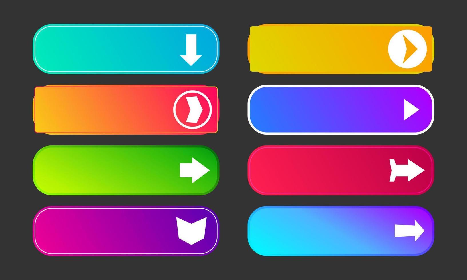 Colorful gradient buttons with arrows. Set of eight modern abstract web buttons. Vector illustration